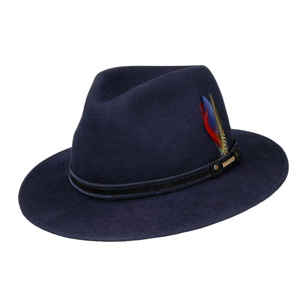 Chapeau Fedora Safari en Laine Feutrée Hydrofuge Tenvelco Traveller bleu marine STETSON